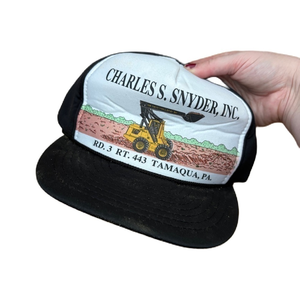 Vintage New Holland Skid Loader Puffy SnapBack Trucker Hat Black Agriculture 90s
